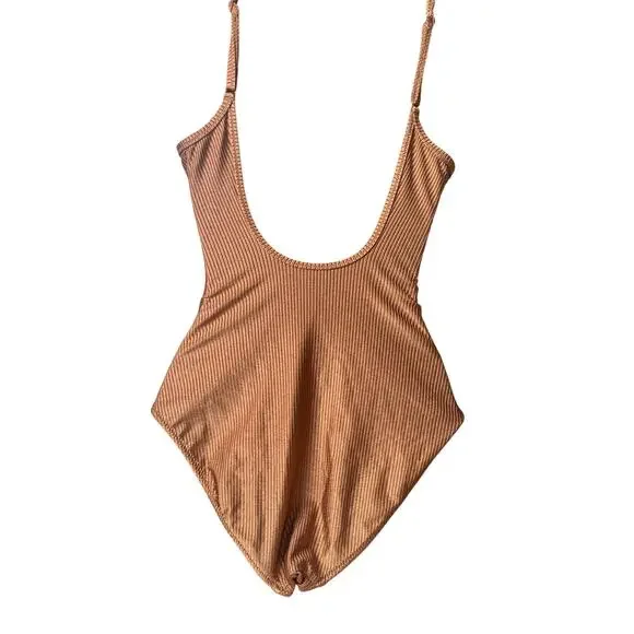 Aerie Brown ribbed one piece beach swimsuit scoop back Small New - Picture 2 of 4